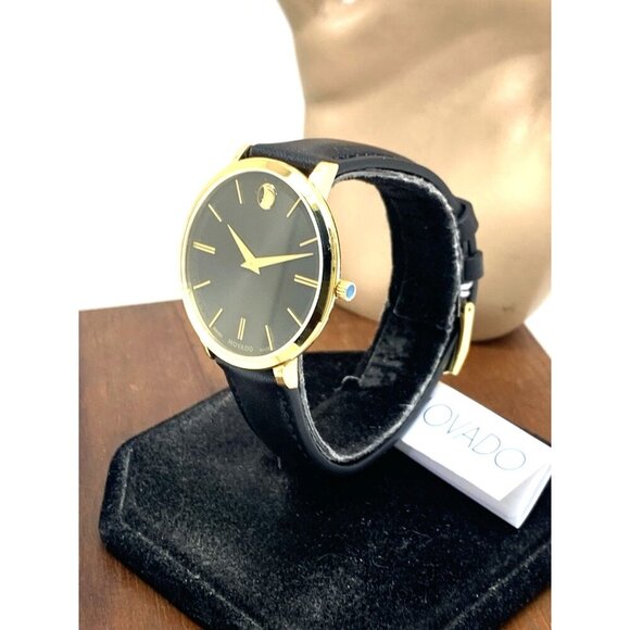 Movado Womens Watch 0607091 Ultra Slim Black Dial Swiss Quartz Gold Leather 35mm main image 12